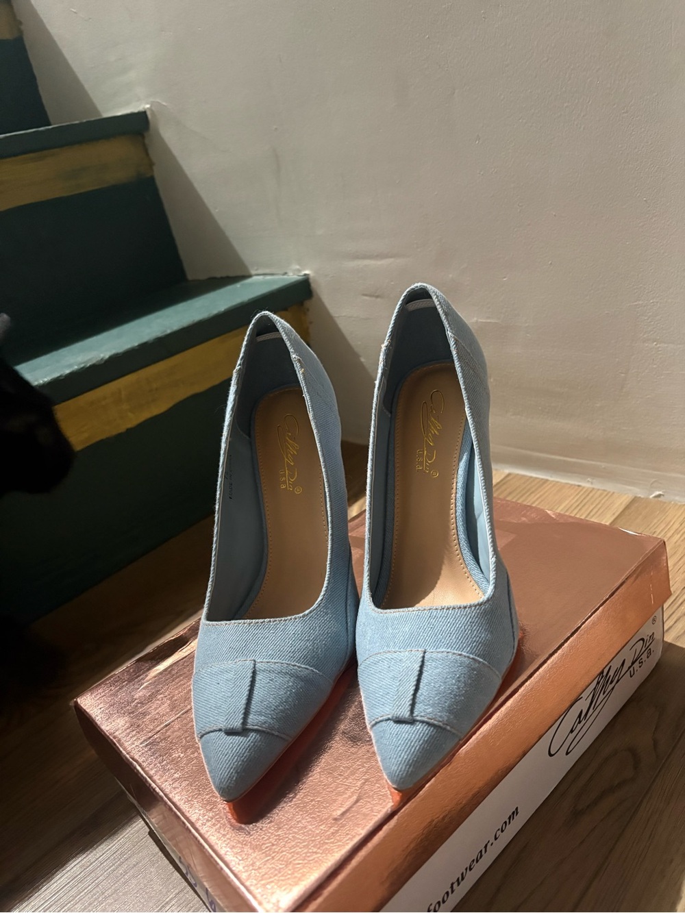 Classic Pointed-Toe Light Blue Pumps with Front Pleat